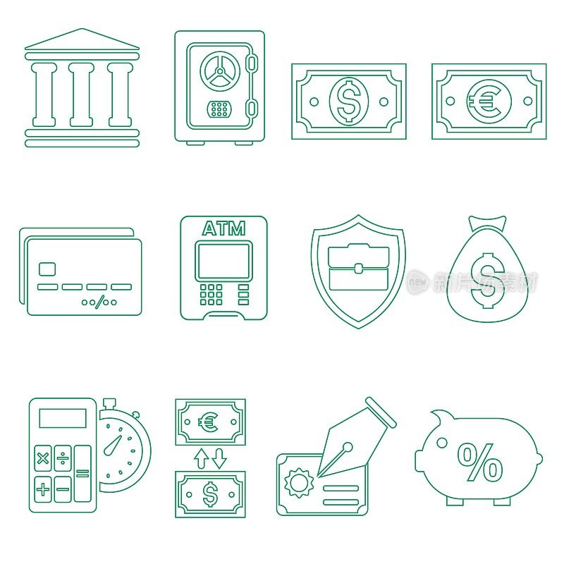 Money banking and finance thin line mobile app icons. Consist of bank, safe, dollar and euro bill, credit card, atm, coin sack, calculator with stopwatch, currency exchange, contract, deposit.